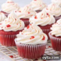 Red Velvet Cupcakes with frosting on a wire cooling rack, ready to be served