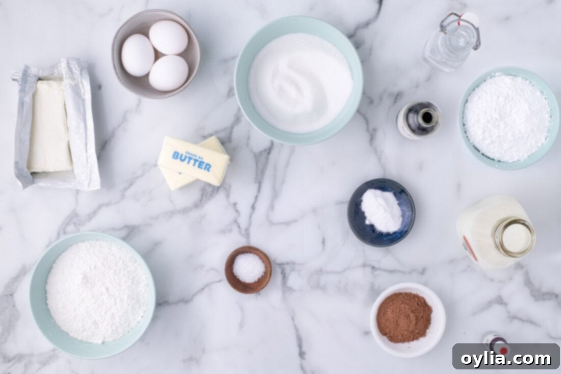 Various ingredients laid out for making Red Velvet Cupcakes, including flour, sugar, butter, and eggs