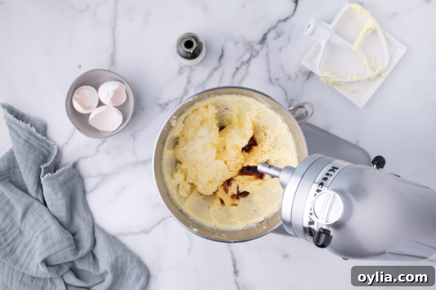 Creamed butter, sugar, and egg mixture with vanilla extract incorporated