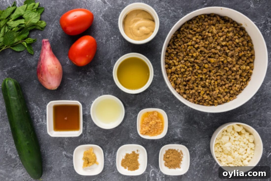 Vibrant Mediterranean Lentil Salad 4 All fresh ingredients for Lentil Salad laid out on a white surface, including lentils, cucumber, tomatoes, feta, mint, and dressing components.