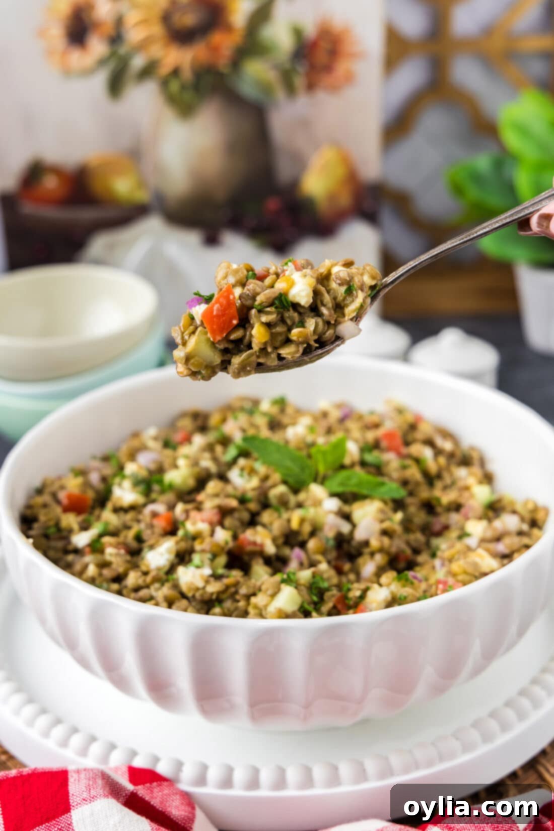 Vibrant Mediterranean Lentil Salad 9 A spoonful of Lentil Salad being scooped from a bowl, showcasing the fresh vegetables and well-coated lentils.