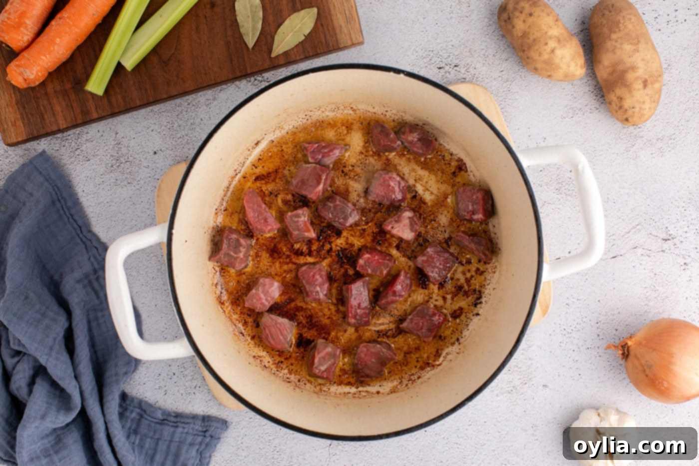 browning stew beef in a dutch oven