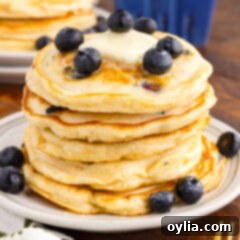 Berry Burst Pancakes 13 Stack of freshly made blueberry pancakes on a white plate, ready to be served.