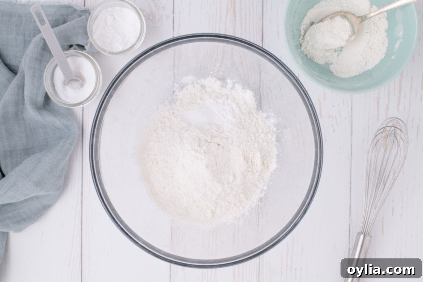 flour, baking powder, and salt mixed in a bowl