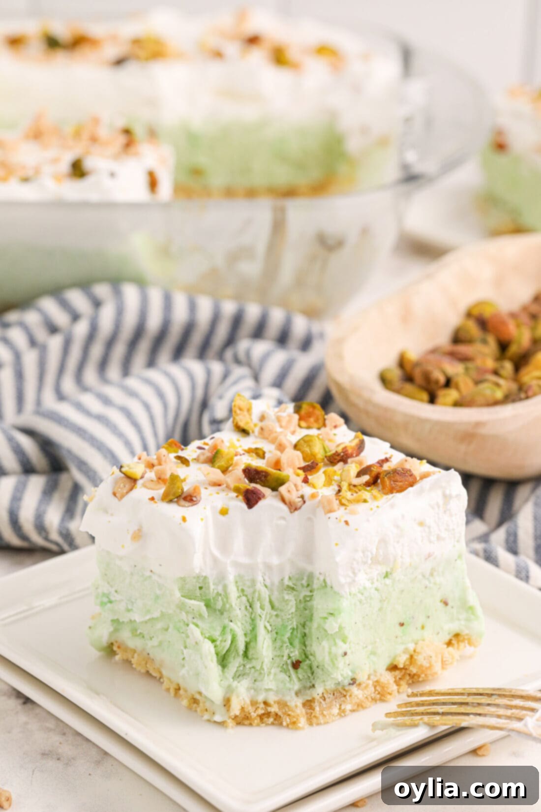 Ultimate Pistachio Ice Cream Cake 12 A tantalizing slice of Pistachio Ice Cream Cake on a plate, with a small bite removed, showing its creamy texture and crunchy crust.