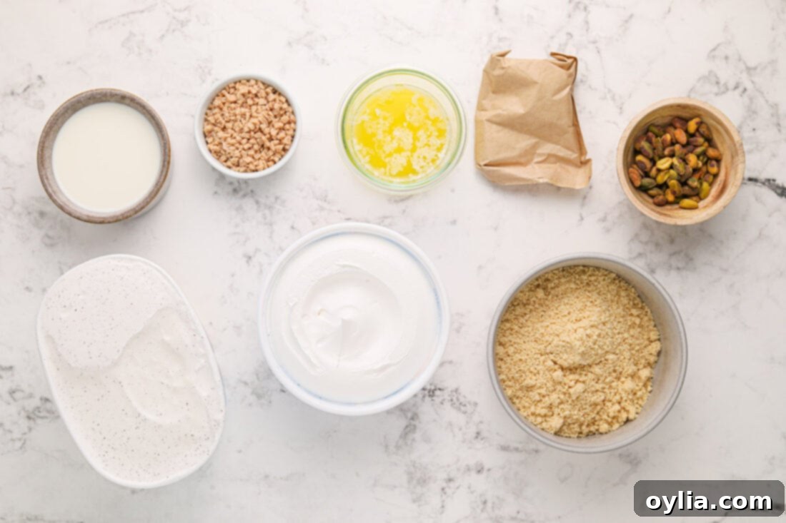Ultimate Pistachio Ice Cream Cake 4 All the essential ingredients neatly laid out for making a delicious Pistachio Ice Cream Cake.