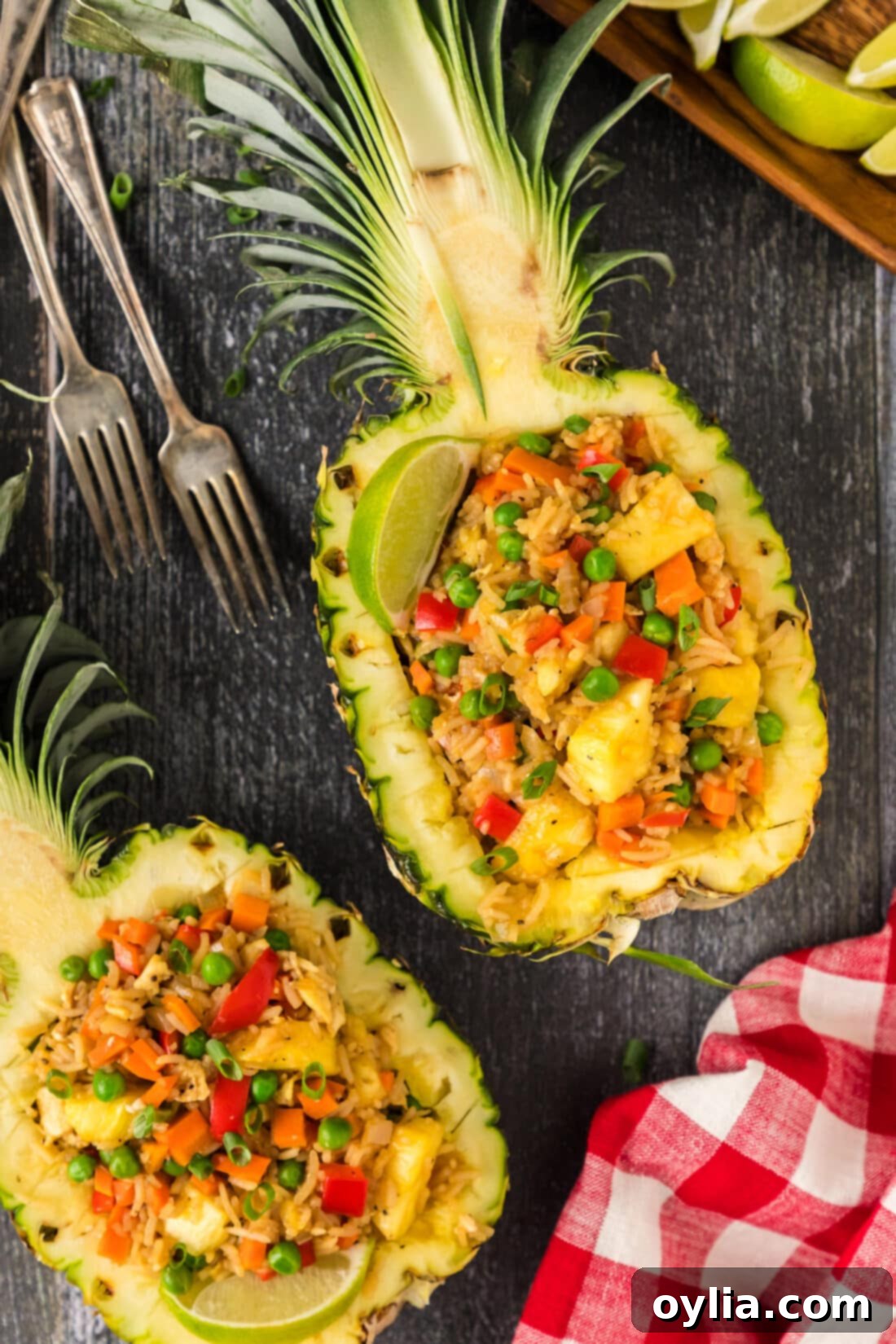 Pineapple Fried Rice in pineapple halves 