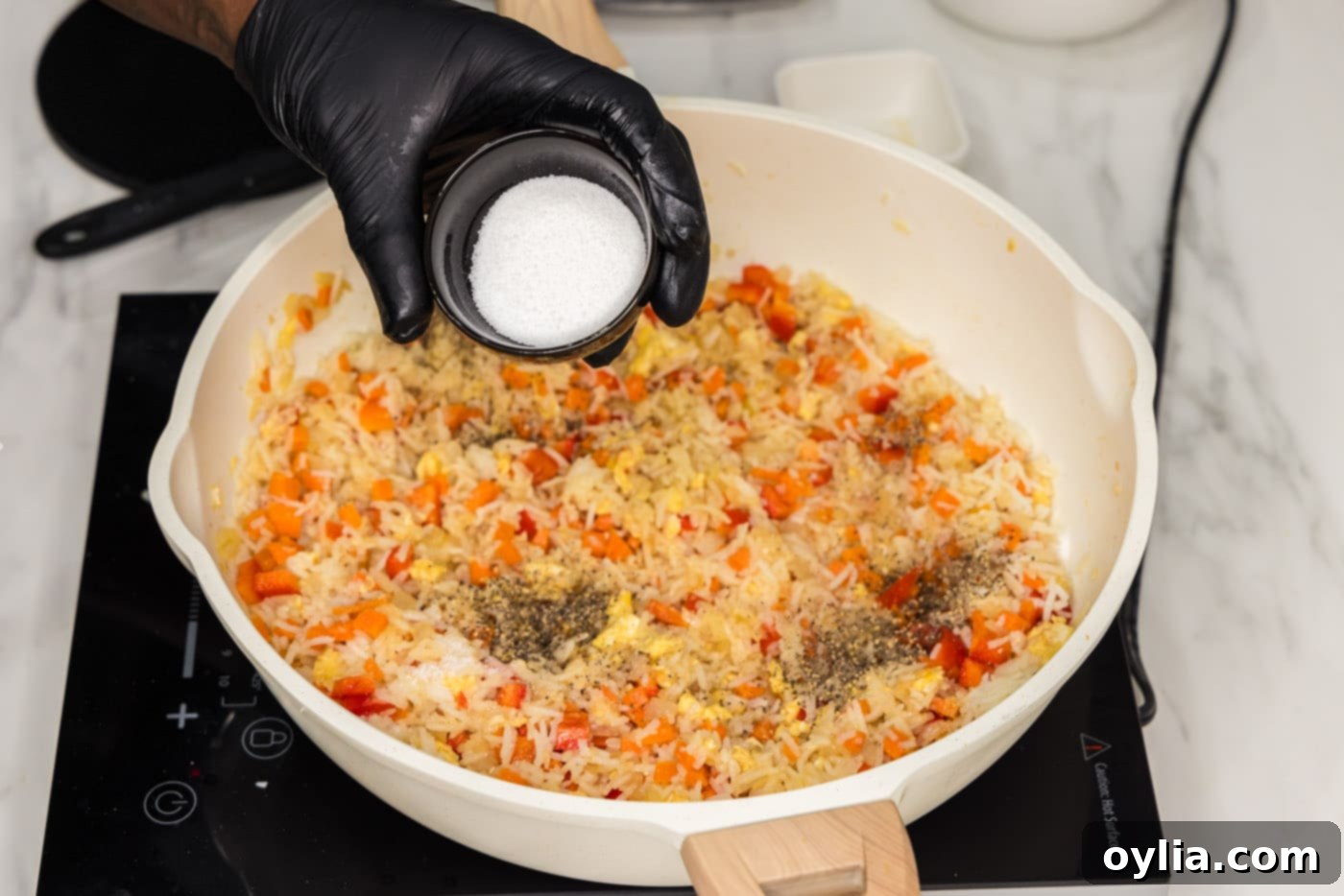 adding salt and sugar to skillet of fried rice
