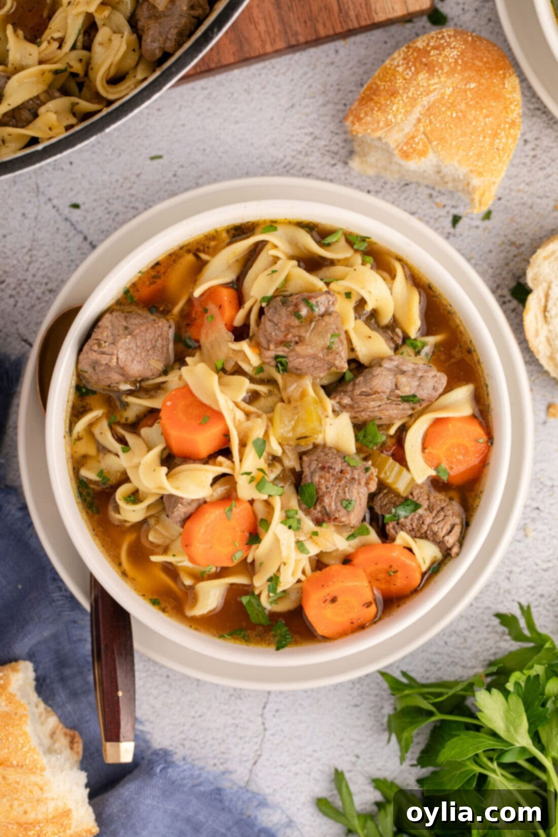 Hearty Beef Noodle Bliss 2 Overhead photo of a bowl of a hearty Beef Noodle Soup with tender beef, egg noodles, and vegetables