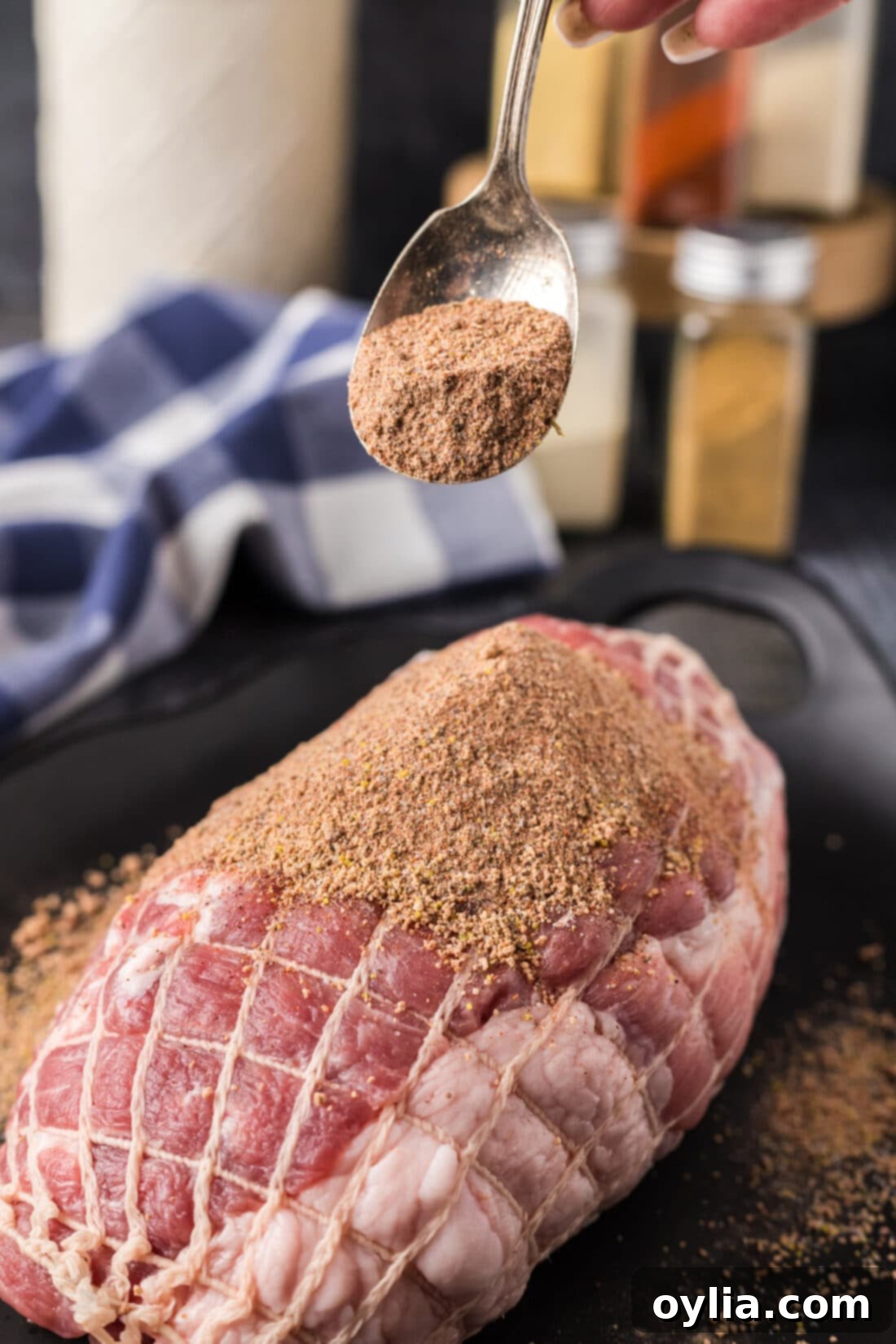 Spoonful of Pulled Pork Rub held above a boneless pork shoulder