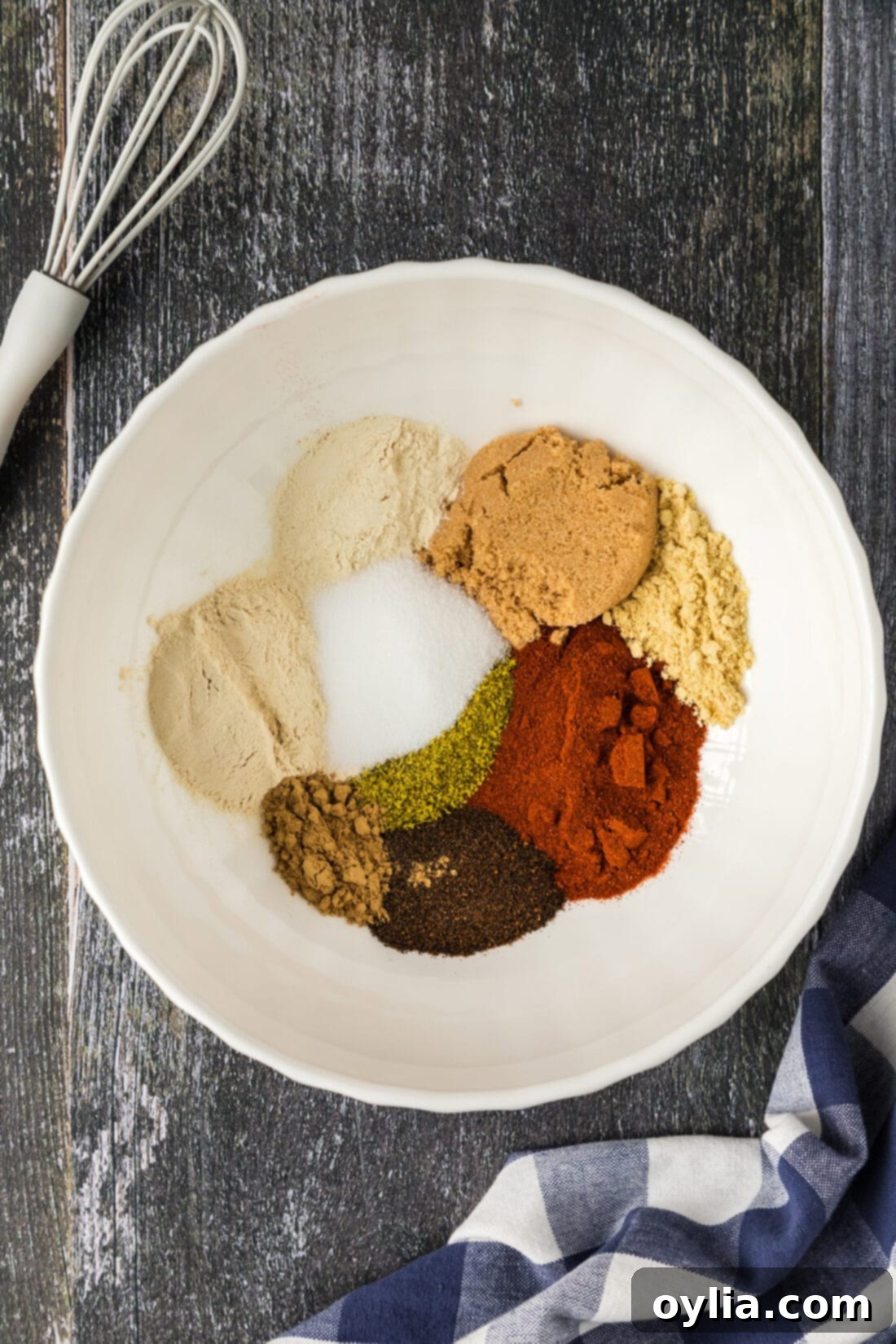 Ingredients for Pulled Pork Rub in a bowl with a whisk to the side