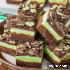 Andes Mint Chocolate Fudge 14 Andes Mint Fudge squares stacked on a plate, showing off the distinctive layers