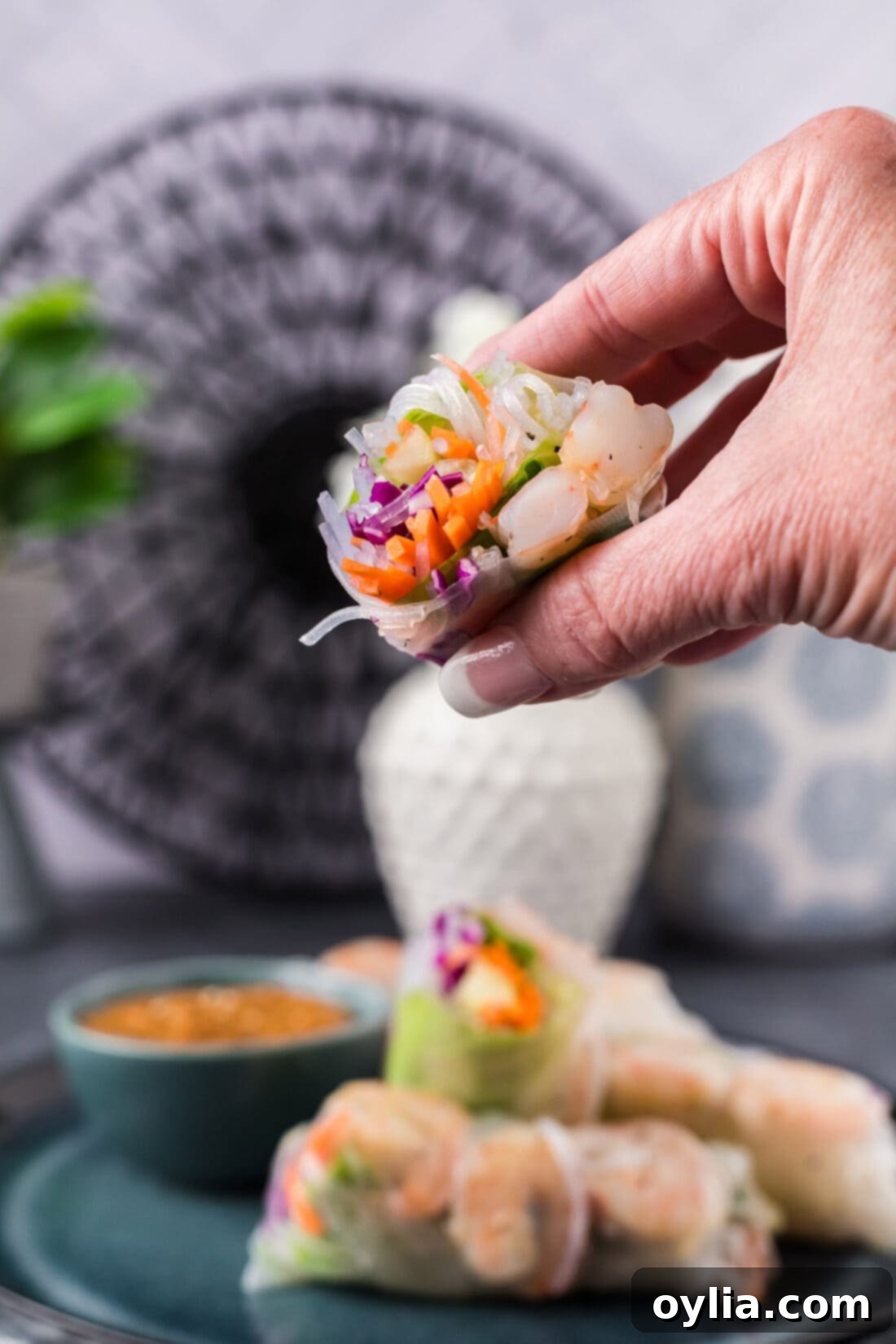 Hand holding half a Shrimp Spring Roll, showcasing the fresh ingredients inside