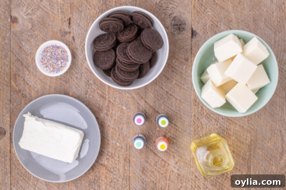 Ingredients for Easter Egg Oreo Truffles laid out on a table