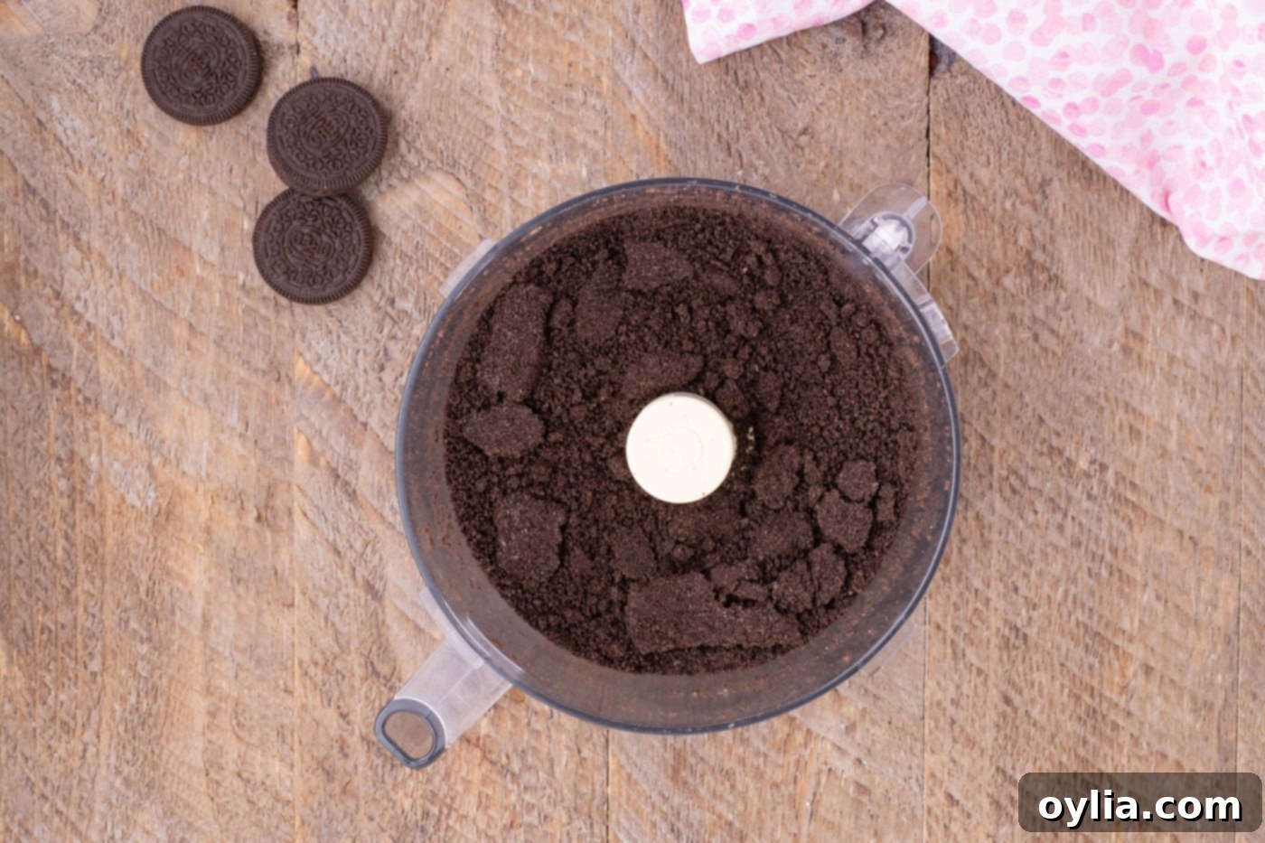 Oreo cookies blitzed in a food processor to a coarse crumb