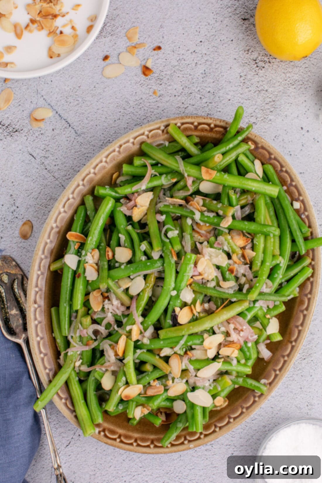 Almond-Kissed Green Beans 13 Green Beans Almondine in a serving platter