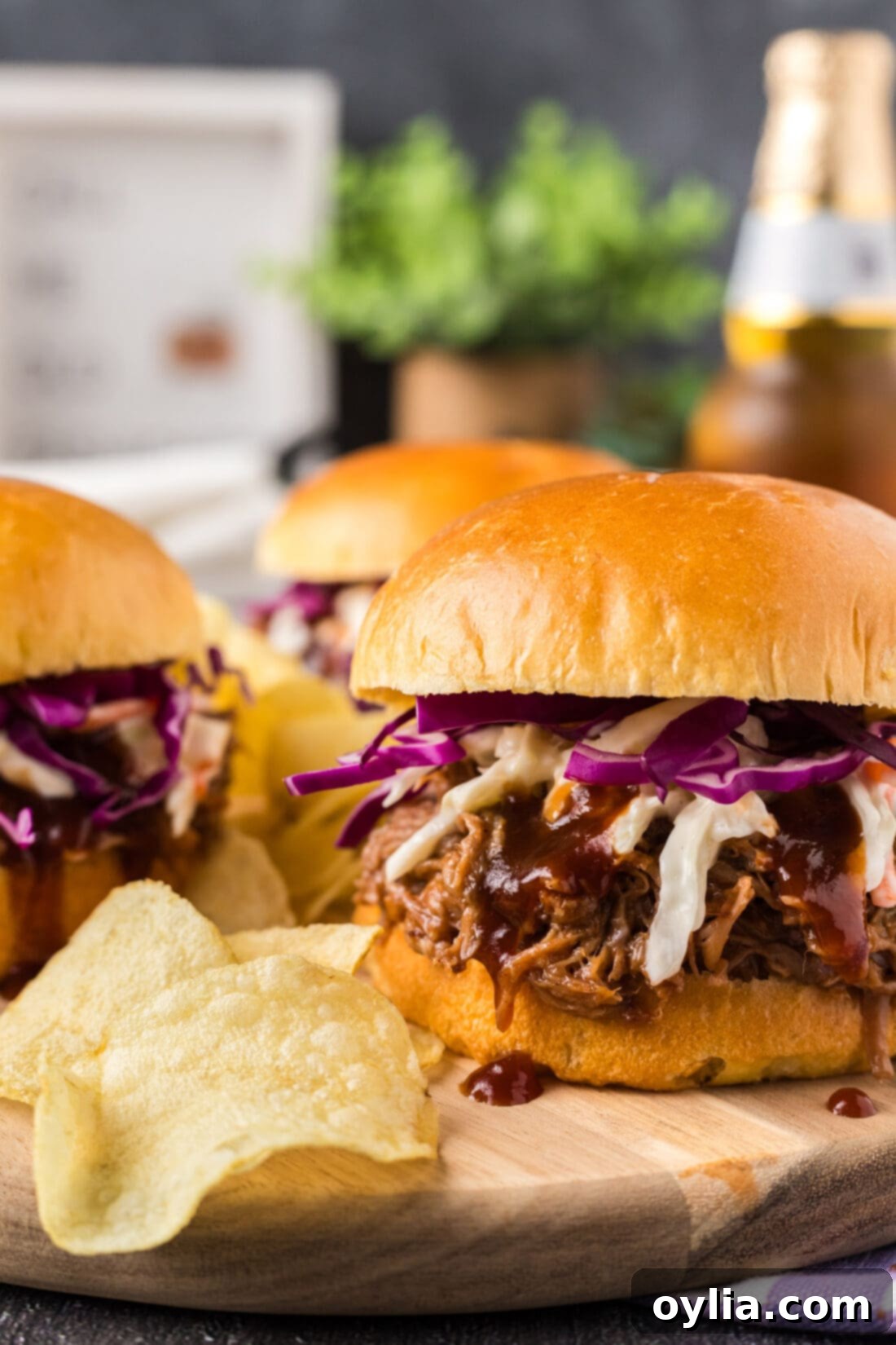 Close-up of a juicy Pulled Pork Sandwich with potato chips on the side, ready for a meal