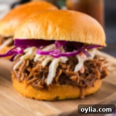 Close-up photo of a beautifully assembled Pulled Pork Sandwich, showcasing the rich pork and fresh toppings