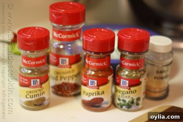 A close-up photo of various McCormick spice bottles: ground cumin, crushed red pepper, paprika, and oregano leaves.