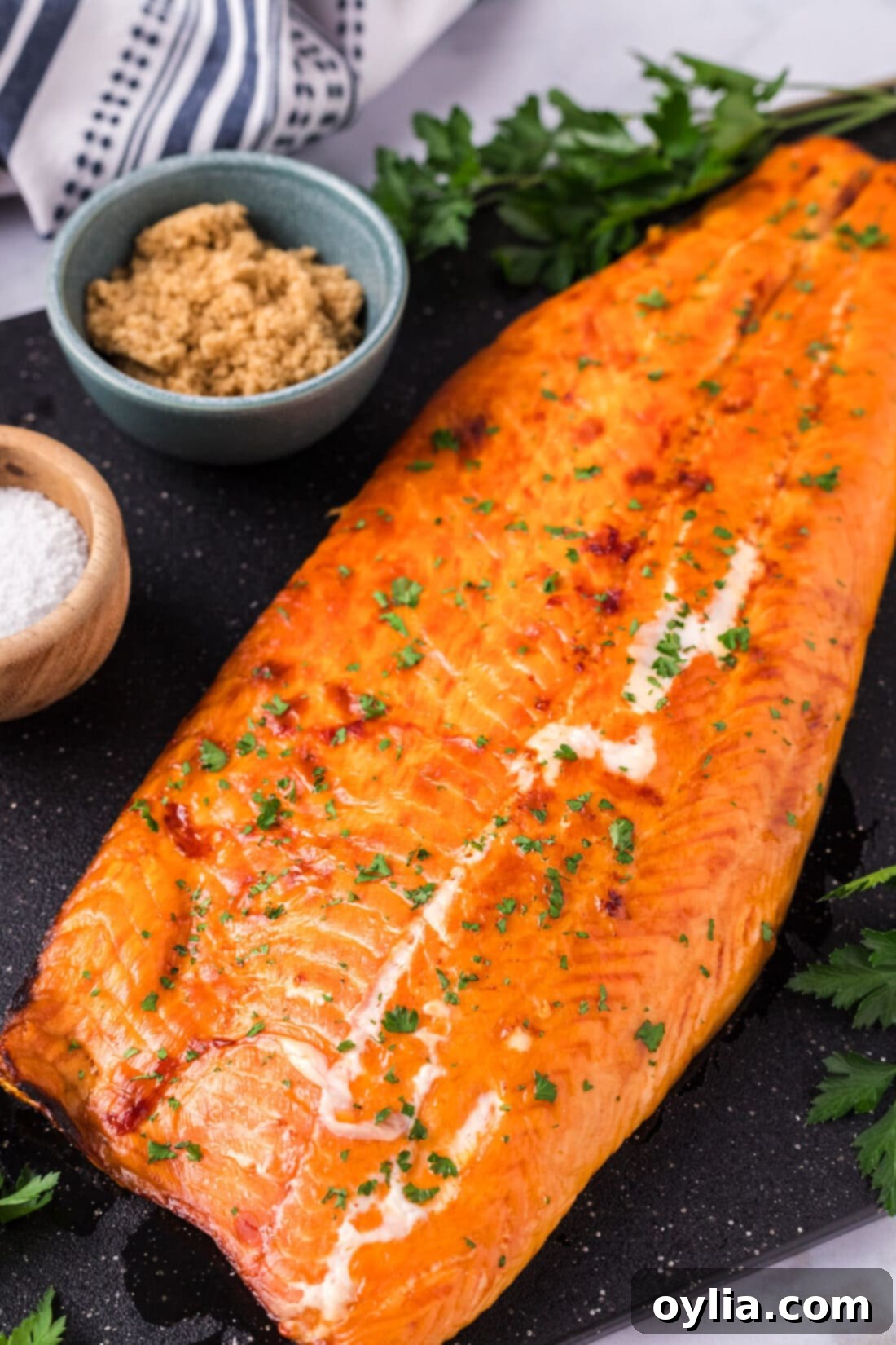 Side shot of Smoked Trout on a platter