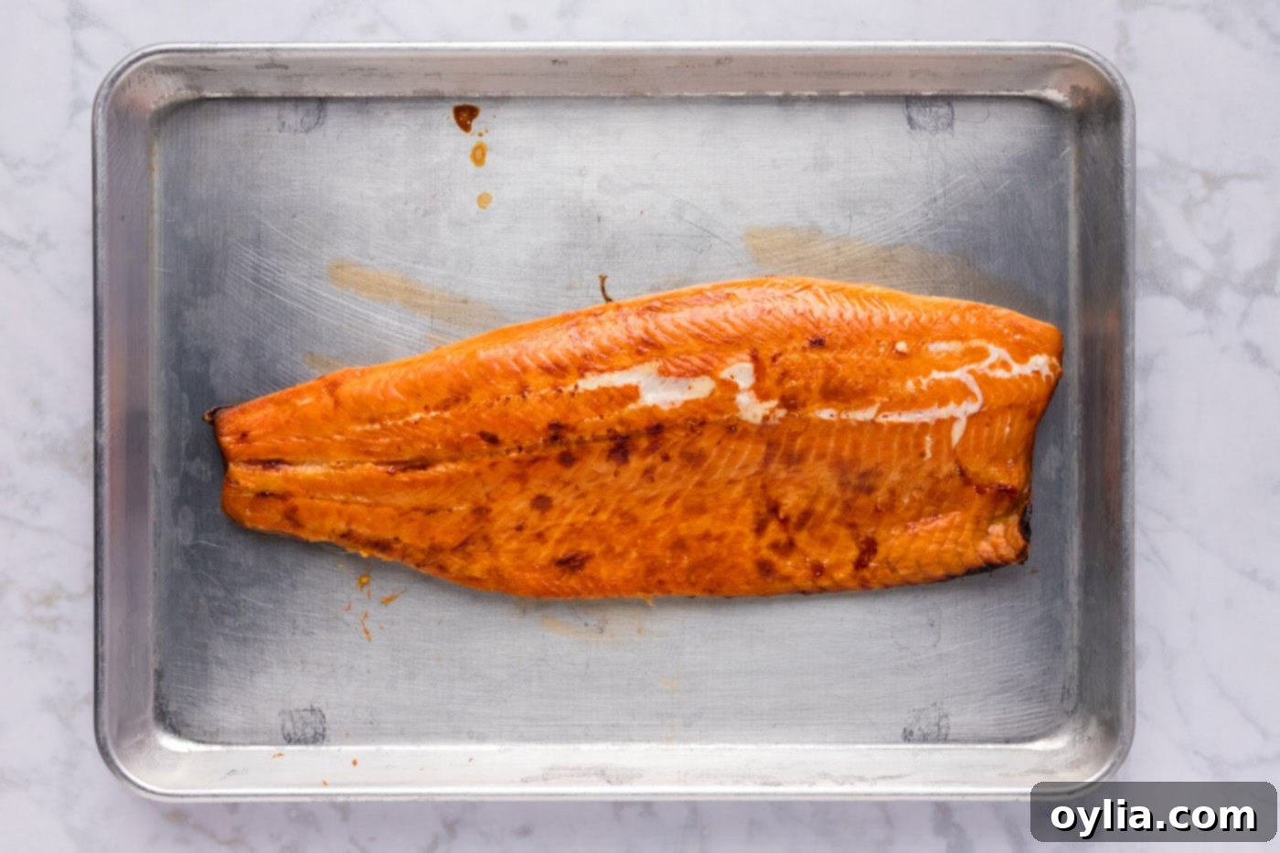 finished smoked trout on baking sheet