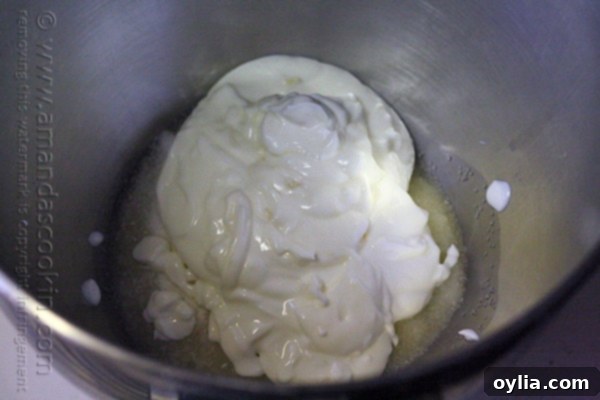 A photo of oil, Truvia and Yoplait Greek yogurt in a mixing bowl.