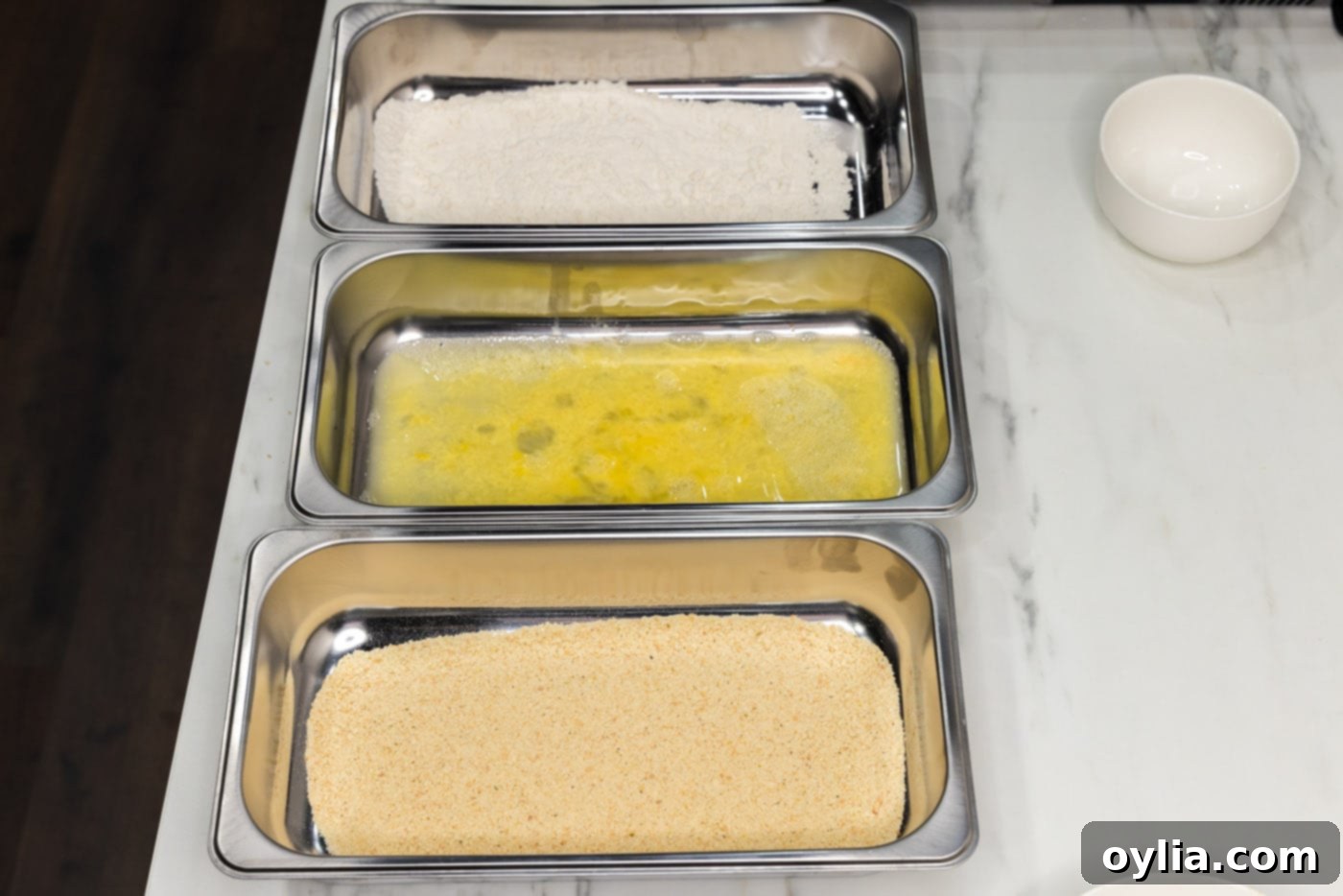 dredging station on counter top with breadcrumbs