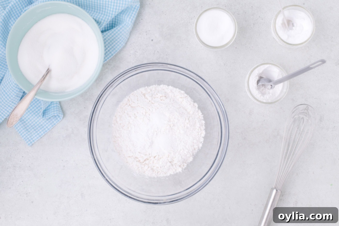 cake flour with sugar, baking powder, baking soda, and salt