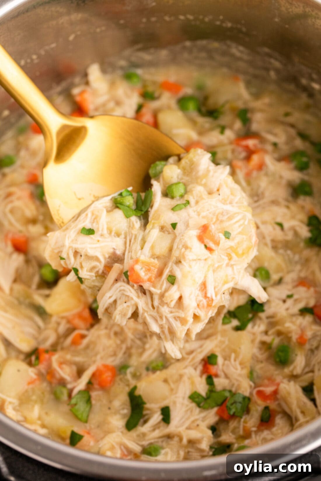 Instant Pot Chicken Pot Pie 5 Close up photo of a spoonful of Instant Pot Chicken Pot Pie