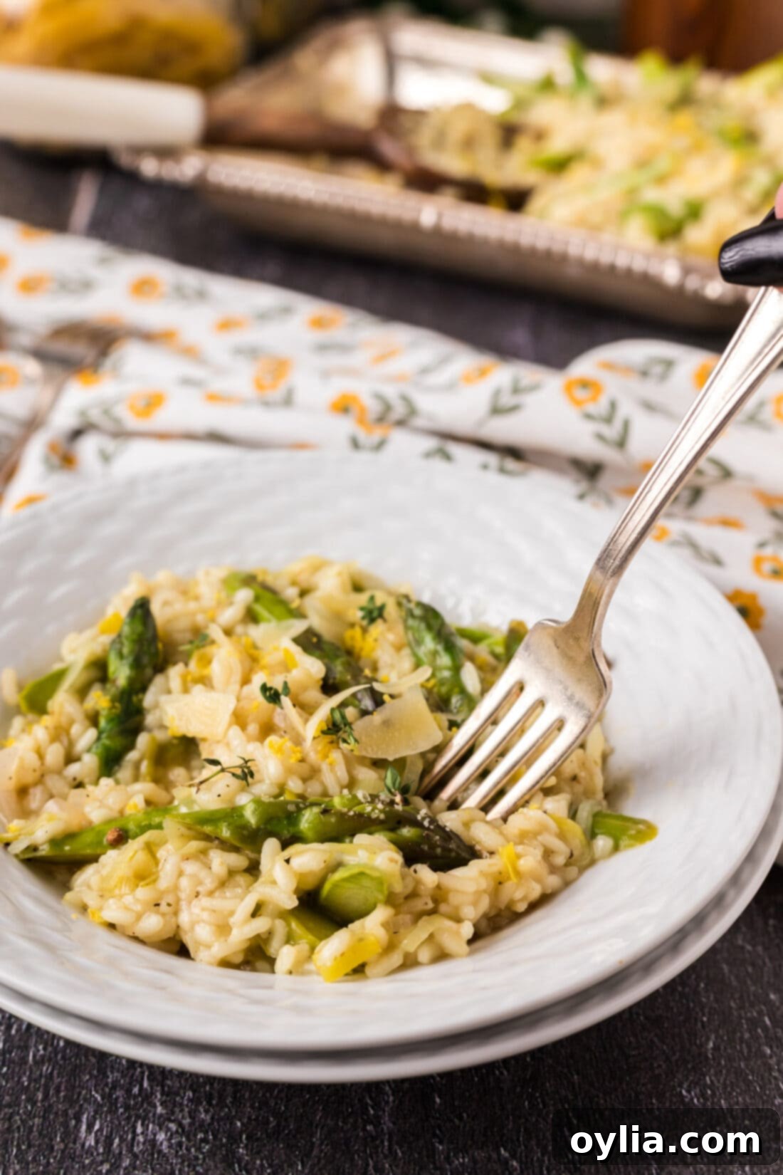Fork in a bowl of Asparagus Risotto