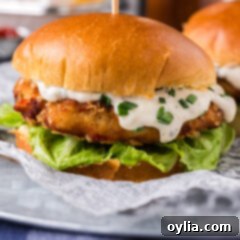 Close up photo of a Crispy Fish Burger, showing its golden-brown exterior and fresh toppings.
