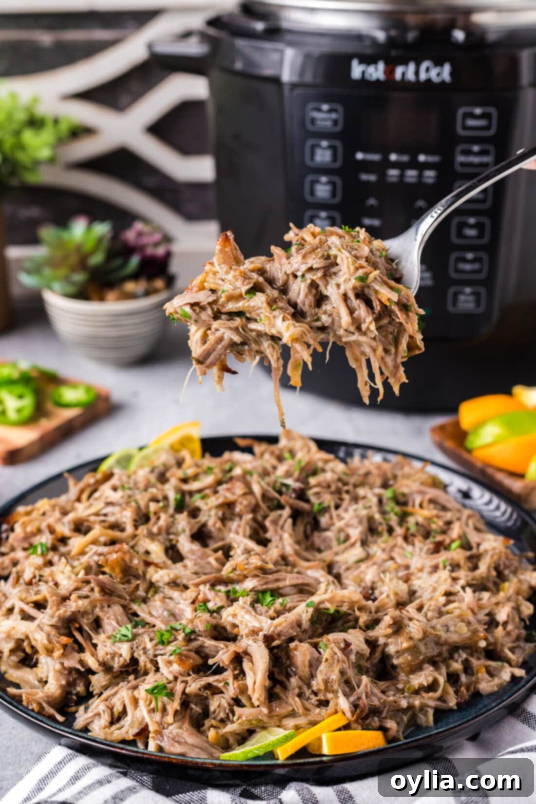 Crispy Instant Pot Carnitas 2 Forkful of Instant Pot Carnitas held above a plate of Instant Pot Carnitas, showcasing its tender texture and crispy bits.