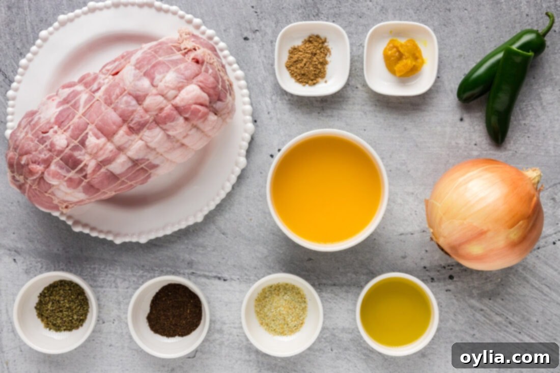 Crispy Instant Pot Carnitas 4 A flat lay photograph displaying all the fresh and dry ingredients required for making Instant Pot Carnitas, neatly arranged.