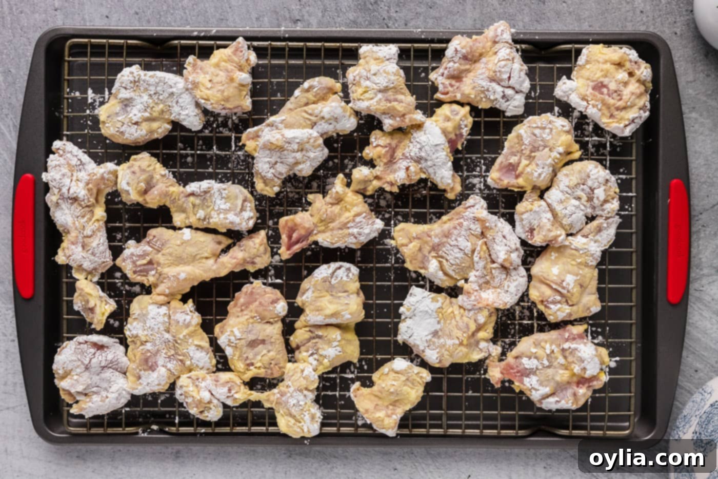dreded chicken pieces on a wire rack
