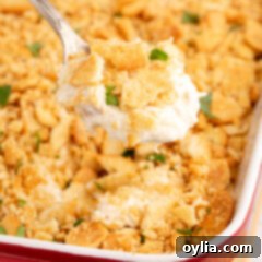 Closeup photo of a spoonful of Ritz Cracker Chicken Casserole, showing the golden cracker topping and creamy chicken filling.