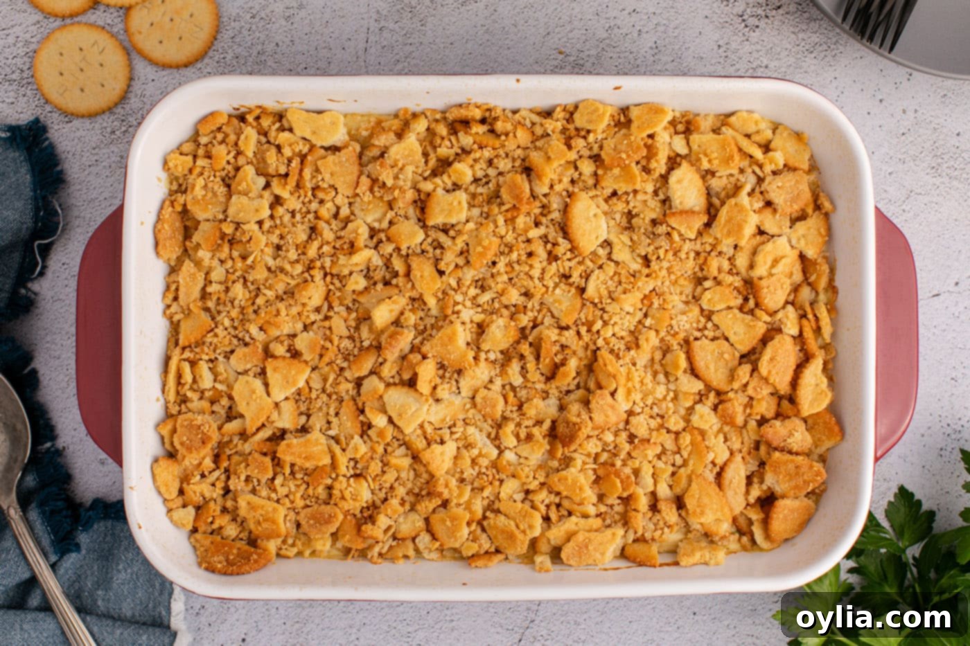 The fully baked Ritz cracker chicken casserole, golden and bubbly, with fresh parsley garnish, ready to be served.