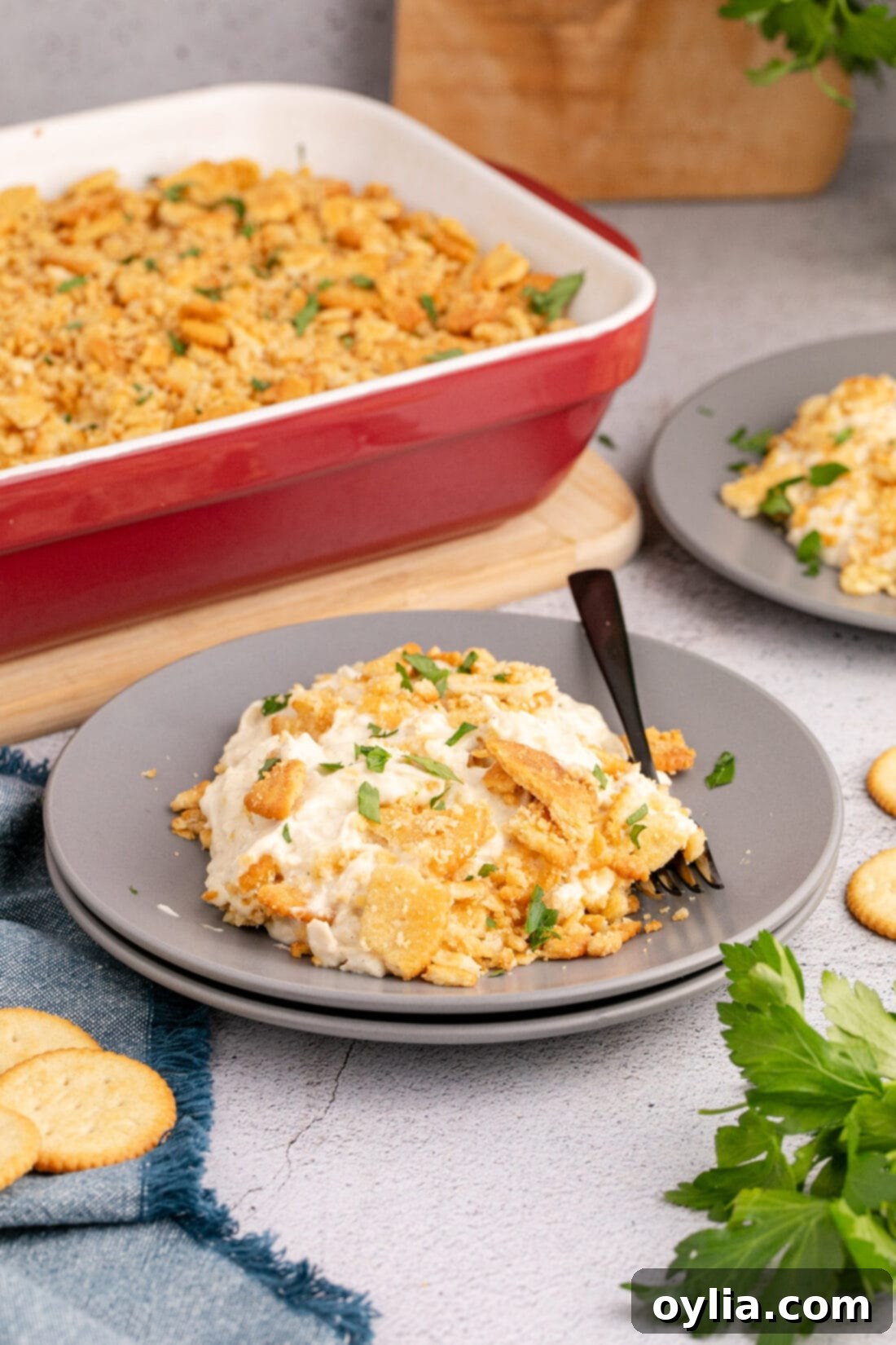 A single serving of golden brown Ritz Cracker Chicken Casserole on a white plate, garnished with fresh parsley.