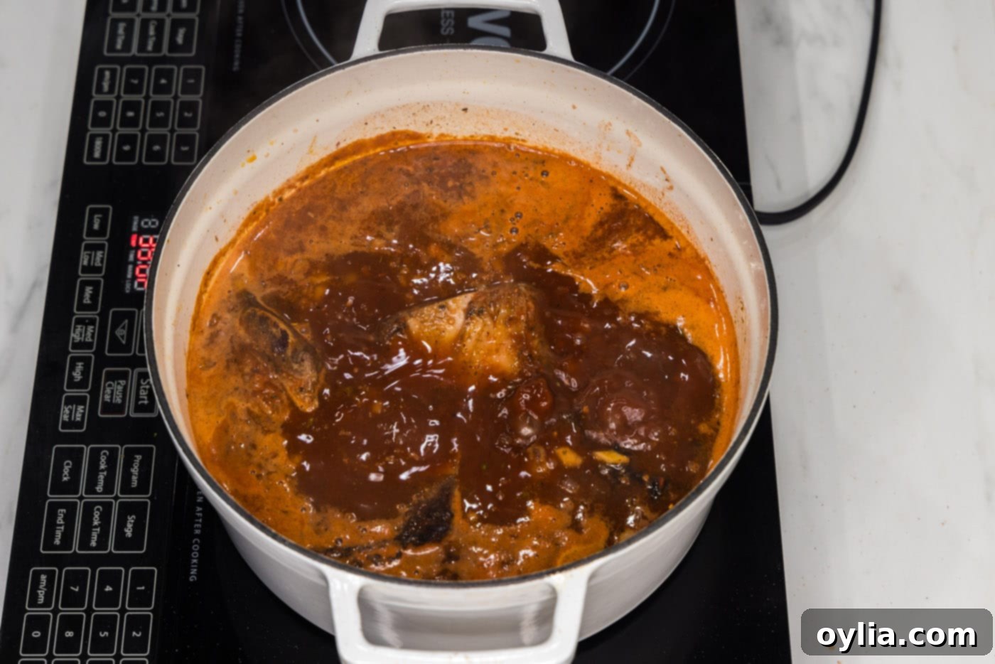 braised Mexican beef short ribs in a dutch oven