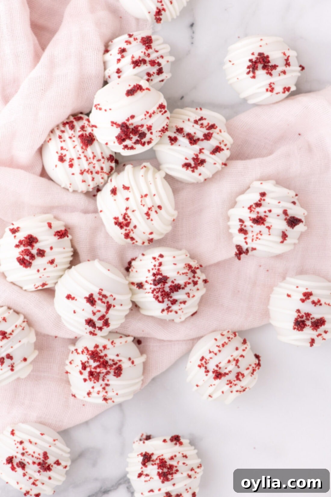 Overhead photo of beautifully arranged Red Velvet Cake Balls, ready to be served