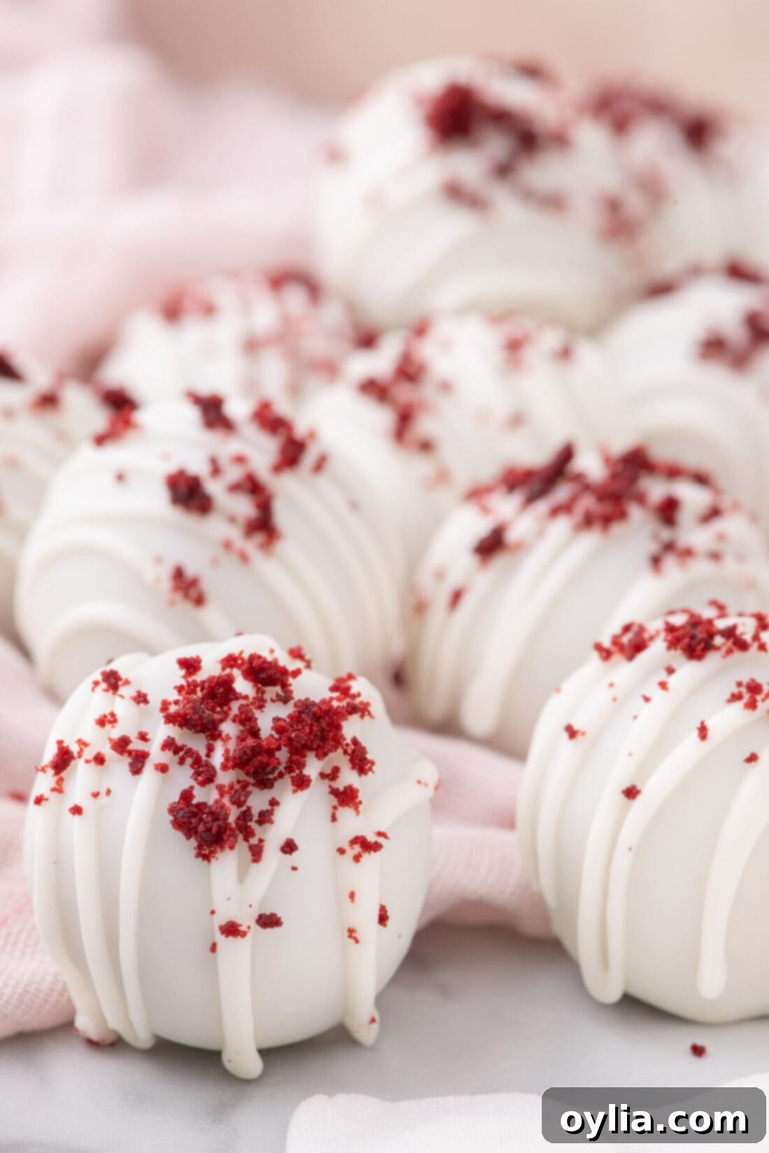 Close up photo of beautifully coated Red Velvet Cake Balls, showing their smooth candy shell