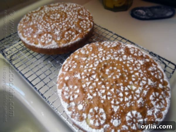 Two beautifully decorated Merryfield apple cakes, each with a unique, intricate pattern of powdered sugar created using a doily, presented on a cooling rack.