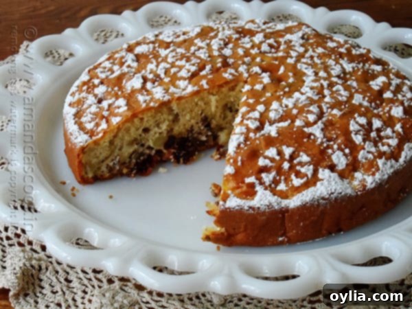 A close-up view of a Merryfield apple cake on a white decorative platter, with one slice already taken, showcasing its dense and fruity texture.