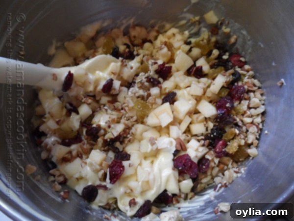 A close-up of a bowl filled with cake batter, generously mixed with chopped apples, walnuts, pecans, and various dried fruits, ready for baking.