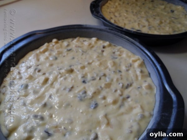 Two round cake pans filled evenly with the lumpy, fruit-and-nut-studded Merryfield apple cake batter, ready for the oven.