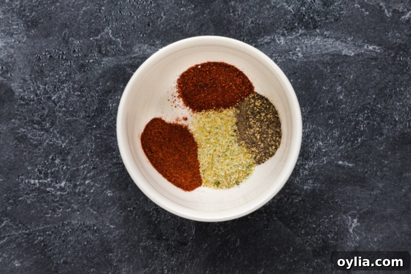 A bowl containing the chili powder, paprika, garlic salt, and pepper mix