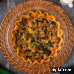 Savory Spinach Mushroom Quiche 15 Overhead photo of a Spinach Mushroom Quiche