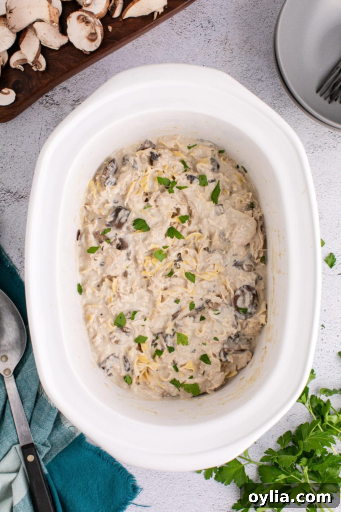Overhead photo of Slow Cooker Chicken Stroganoff in a bowl, garnished with fresh parsley.
