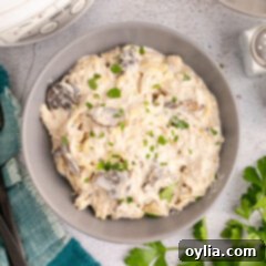 Bowl of Slow Cooker Chicken Stroganoff, garnished with parsley.