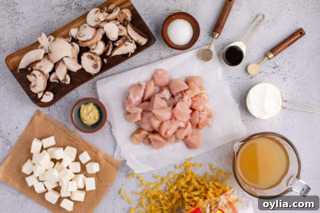 Collection of ingredients for Slow Cooker Chicken Stroganoff, including chicken, mushrooms, sour cream, and spices.