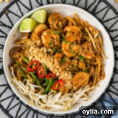 Flavorful Shrimp Pad Thai 13 Bowl of Shrimp Pad Thai with chopped peanuts, bean sprouts, green onion and pepper on the side